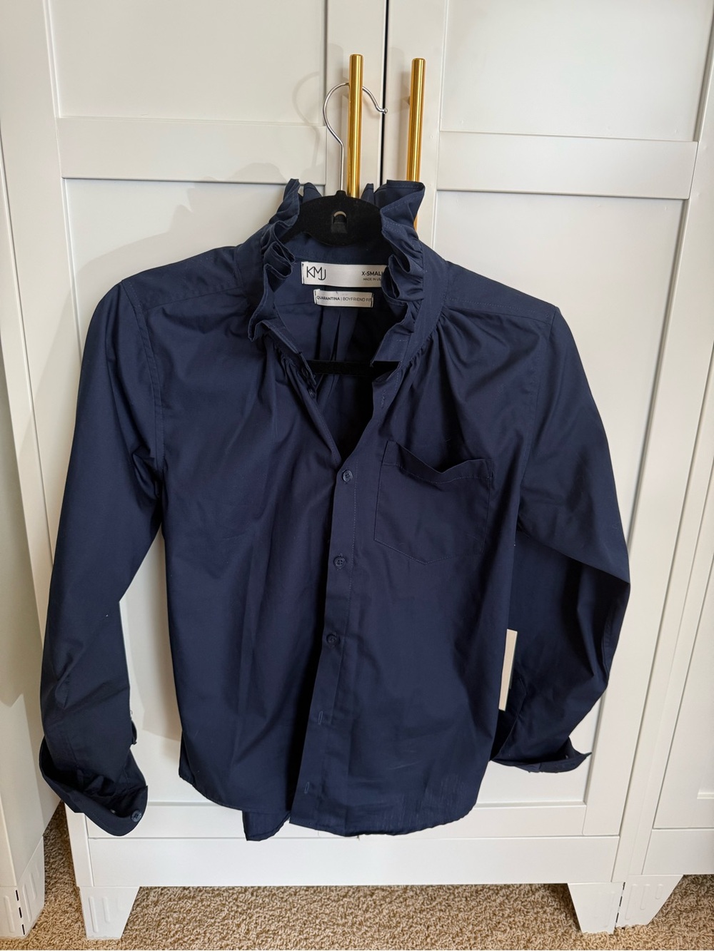 NWT KMJ Quarantina Navy Ruffle-Collar Women's Button-Down Shirt XS